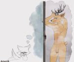  amoriashop anthro antlers beastars canid canine canis cervid flaccid foreskin genitals hi_res horn imagination legoshi_(beastars) louis_(beastars) male male/male mammal penis showering solo wolf 