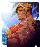  1boy abs artist_name bangs bara beach beowulf_(fate) blonde_hair cloud facial_hair fate/grand_order fate_(series) goatee large_pectorals looking_at_viewer male_focus muscular muscular_male nipples ocean palm_tree pectorals red_eyes scar scar_on_cheek scar_on_chest scar_on_face short_hair smile sunlight tattoo topless_male tree upper_body wet yamanome 