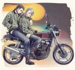  2boys arm_around_shoulder black_eyes black_footwear black_hair blue_pants boots closed_mouth expressionless full_body green_jacket ground_vehicle hamhassy hand_in_pocket head_tattoo highres jacket long_hair looking_at_viewer male_focus mitsuya_takashi motor_vehicle motorcycle multiple_boys multiple_riders pants ponytail purple_eyes purple_hair shiba_hakkai sleeves_past_wrists tattoo tokyo_revengers 