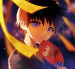  1boy bangs blue_eyes blurry chiiiirou depth_of_field eye_symbol hand_fan highres holding holding_fan ikari_shinji japanese_clothes kimono light_particles looking_at_viewer male_focus neon_genesis_evangelion paper_fan parted_lips portrait purple_eyes ribbon sky star_(sky) starry_sky sweat talisman uchiwa wind yellow_ribbon 