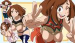  1girl absurdres ahoge armpit_crease arms_behind_back bangs bare_shoulders black_legwear black_tank_top blue_bodysuit blue_bow blue_panties blush blush_stickers bob_cut bodysuit boku_no_hero_academia bow bra bra_lift breasts breasts_out brown_eyes brown_hair cheerleader cleavage closed_eyes closed_mouth clothes_lift collarbone commentary contrapposto cowboy_shot double_v dress fang feet_out_of_frame flower full_body furrowed_brow hair_bow hair_flower hair_ornament half-closed_eyes hand_up hands_up hanging_breasts highres inker_comics jewelry large_areolae large_breasts linea_alba looking_at_viewer looking_down medium_hair multicolored_bodysuit multicolored_clothes multiple_views navel necklace nipples off-shoulder_dress off_shoulder one_eye_closed open_mouth orange_skirt outline outside_border outstretched_arms panties pants pantyhose parted_bangs pearl_necklace pink_bodysuit pink_dress pleated_skirt polka_dot polka_dot_background polka_dot_border puffy_dress round_teeth shirt shirt_lift sidelocks skirt sleeveless sleeveless_shirt smile split_mouth standing straight_hair sweatpants tank_top tareme teeth tongue tongue_out torn_bodysuit torn_clothes twitter_username underwear upper_teeth uraraka_ochako v w_arms white_flower white_outline yellow_bra 