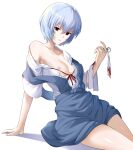  1girl absurdres arm_support ayanami_rei bandaged_arm bandages bangs blood blood_on_bandages blue_dress blue_eyes blue_hair breasts button_gap chinese_commentary cleavage collarbone commentary curled_fingers dress forceps geez hair_between_eyes highres looking_at_viewer medium_breasts neck_ribbon neon_genesis_evangelion nipple_slip nipples no_bra off_shoulder open_clothes open_shirt parted_lips partially_unbuttoned pinafore_dress red_eyes red_ribbon ribbon school_uniform shadow short-sleeved_sweater short_hair short_sleeves simple_background single_bare_shoulder sitting solo sweater white_background 