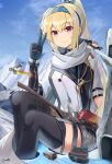  1girl arm_up artist_name bangs black_gloves black_legwear blonde_hair blue_sky bow breasts car closed_mouth english_commentary gamryous giant giantess girls&#039;_frontline gloves green_bow green_hairband ground_vehicle hair_bow hairband highres ice jacket long_hair looking_at_viewer mod3_(girls&#039;_frontline) motor_vehicle mountain mountainous_horizon multicolored_clothes multicolored_gloves on_water ponytail red_eyes russian_flag scarf simple_background single_glove sitting sky smile snow solo sv-98_(girls&#039;_frontline) thighhighs v white_jacket white_scarf 
