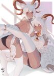  2girls absurdres alternate_costume animal_ears anklet arknights arm_strap beeswax_(arknights) beeswax_(weisser_sand)_(arknights) black_panties breasts carnelian_(arknights) dark-skinned_female dark_skin finger_in_own_mouth goat_ears goat_girl goat_horns highres horns jewelry large_breasts leg_up legs long_hair looking_at_viewer multiple_girls off_shoulder official_alternate_costume panties red_eyes shirt short_hair siblings sideboob sisters sleeveless sleeveless_shirt sweater thighhighs thighs tongue underwear white_hair white_legwear white_shirt white_sweater whydebbie yellow_eyes 