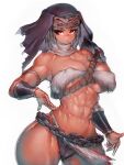  1girl abs armor breasts brown_eyes chain chain_belt character_request copyright_request cropped_legs dark-skinned_female dark_skin fumio_(rsqkr) fur_bra fur_trim gauntlets grey_hair highres large_breasts muscular pose revealing_clothes rope short_hair shoulder_armor thick_thighs thighs vambraces white_background 
