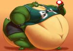  anthro belly belly_overhang big_belly big_moobs bottomwear bracelet brosb4does clothing crown fungus green_body hi_res horn hyper hyper_belly jewelry king_koopa koopa male mario_bros moobs morbidly_obese morbidly_obese_anthro morbidly_obese_male mushroom nintendo obese obese_anthro obese_male overweight overweight_anthro overweight_male scalie shirt shorts silver-stag solo spiked_bracelet spikes tank_top teeth topwear video_games 