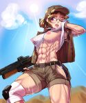  1girl abs absurdres assault_rifle belt breasts brown_hair clothes_lift cloud fio_germi ghgnvm glasses gun hat highres knee_pads metal_slug muscular muscular_female nipples one_eye_closed rifle shirt_lift short_hair shorts sky sun sweat thick_thighs thighs tongue tongue_out trigger_discipline vest weapon wiping_sweat 