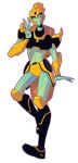  1girl alien black_footwear blue_eyes boots elita_one highres panties robot solo transformers transformers_animated underwear v white_background yellow_panties 