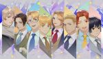  ahoge america_(hetalia) aqua_necktie axis_powers_hetalia bangs black_hair blonde_hair blue_eyes blue_necktie brown_eyes brown_hair china_(hetalia) collared_shirt france_(hetalia) germany_(hetalia) green_eyes grey_scarf hair_slicked_back highres huacai japan_(hetalia) medium_hair necktie northern_italy_(hetalia) official_alternate_costume one_eye_closed open_mouth parted_bangs purple_eyes purple_necktie red_necktie russia_(hetalia) scarf shirt smile star_(symbol) thick_eyebrows united_kingdom_(hetalia) waistcoat yellow_necktie zoom_layer 