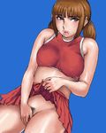  blue_background blue_eyes blush brown_hair cheerleader copyright_request covering lips lowres masturbation matoyama midriff miniskirt no_panties pubic_hair pussy skirt skirt_lift solo twintails 