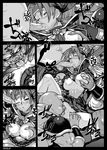  3boys armor aruni asuka_(fns) blush breast_grab breasts censored closed_eyes comic cum cunnilingus fellatio fuurai_no_shiren gangbang grabbing greyscale group_sex headband hetero large_breasts long_hair monochrome monster multiple_boys nipples no_panties open_clothes open_shirt oral penis pig ponytail rape shirt tears torn_clothes 