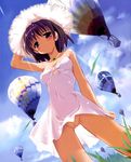  aircraft blush bottomless censored copyright_request day dress from_below hat highres hot_air_balloon komatsu_eiji looking_down no_panties outdoors purple_eyes purple_hair pussy short_hair solo straw_hat third-party_edit 