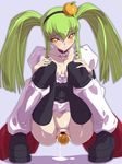  bangs breasts c.c. censored code_geass food food_insertion fruit fruit_dildo green_hair highres medium_breasts no_panties object_insertion orange pussy solo squatting thighhighs twintails vaginal yellow_eyes 