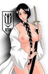  between_breasts black_eyes black_hair bleach braid breasts front_braid front_ponytail jpeg_artifacts large_breasts merry_program nipples open_clothes open_robe pubic_hair pussy robe single_braid solo sword unohana_retsu weapon 