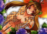  :p artist_request breasts brown_hair cleavage copyright_request flower highres hydrangea large_breasts long_hair nipples open_clothes open_shirt pussy rain red_eyes scan shirt snail solo tongue tongue_out umbrella 