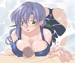  1girl ass blush breasts brown_eyes censored cleavage copyright_request covered_nipples decarabi hair_ribbon hetero large_breasts long_hair one-piece_swimsuit paizuri paizuri_over_clothes penis ponytail purple_hair ribbon school_swimsuit swimsuit water wet 