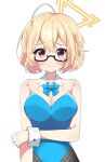  alternate_costume blonde_hair blue_archive blush breasts character_request closed_mouth collarbone commentary_request glasses hair_between_eyes halo highres kotori_(blue_archive) medium_breasts murase48 pantyhose playboy_bunny short_hair simple_background white_background 