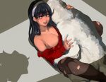  2girls absurdres anya_(spy_x_family) bestiality black_hair bond_(spy_x_family) breasts caught hairband highres implied_bestiality implied_sex large_breasts long_hair looking_at_viewer mamimi_(mamamimi) multiple_girls red_eyes saliva spy_x_family torn_clothes torn_legwear yor_briar 