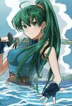  1girl bare_shoulders breasts closed_mouth cloud cloudy_sky dress earrings fingerless_gloves fire_emblem fire_emblem:_the_blazing_blade gloves green_eyes green_hair high_collar high_ponytail highres holding holding_sword holding_weapon jewelry large_breasts long_hair lyn_(fire_emblem) outdoors over_shoulder reaching_out rooru_kyaabetsu sky sleeveless sleeveless_dress solo sword sword_over_shoulder upper_body water weapon weapon_over_shoulder wet 