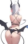  1girl absurdres ahoge arched_back ass back bare_shoulders black_bra black_panties blush bra cowboy_shot demon_girl demon_horns demon_tail demon_wings from_behind grey_hair highres horns leaning_forward lingerie long_hair low_wings nekojira original panties pointy_ears solo spaghetti_strap string_bra string_panties tail thea_(nekojira) thighs underwear underwear_only wings 