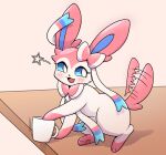  2022 ambiguous_gender blue_eyes blush blush_lines eeveelution fur furniture hi_res kemono looking_away mug nintendo object on_table park_horang pink_body pink_fur pink_tail pok&eacute;mon pok&eacute;mon_(species) ribbons shaded shaking simple_background simple_shading solo sylveon table tail_motion tailwag video_games white_body 