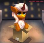  2021 ambiguous_gender asian_mythology box chest_tuft chinese_mythology container delta_hronum digital_media_(artwork) east_asian_mythology fan_character feral green_eyes happy hasbro hi_res horn kirin mane my_little_pony mythology orange_body smile solo tuft white_mane yellow_body 