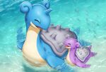  alternate_color animal_focus closed_eyes fins full_body kemonomichi_(blue_black) lapras looking_at_another no_humans open_mouth pokemon pokemon_(creature) refraction shell shiny_pokemon swimming wis wishiwashi wishiwashi_(solo) 