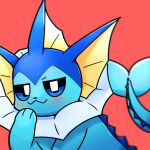  &gt;:3c 1:1 2021 ambiguous_gender blue_body blue_eyes blue_skin blush blush_lines eeveelution fin hi_res kemono looking_at_viewer mischievous_smile narrowed_eyes nintendo park_horang paw_in_face pok&eacute;mon pok&eacute;mon_(species) red_background simple_background solo tail_fin vaporeon video_games 