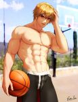  1boy abs bara basketball basketball_court basketball_hoop blonde_hair esther_shen fatal_fury garou:_mark_of_the_wolves hands_on_own_head large_pectorals looking_at_viewer male_focus muscular muscular_male pants pectorals red_eyes rock_howard short_hair solo the_king_of_fighters 