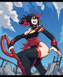  1girl absurdres alternate_costume aneurysm_ax black_hair breasts highres japanese_clothes kill_la_kill kimono large_breasts matoi_ryuuko multicolored_hair ponytail red_hair sash scissor_blade senketsu solo thighhighs 