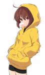  1girl absurdres ahoge bangs black_shorts brown_hair bubble_blowing chewing_gum cowboy_shot hair_between_eyes hands_in_pockets highres hood hood_up hoodie linne looking_at_viewer purple_eyes shorts simple_background solo testobraveu under_night_in-birth white_background 