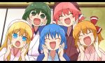  5girls :d ^_^ animal_ears antennae bird_ears blonde_hair blue_bow blue_eyes blue_hair bow brown_headwear brown_kimono cirno closed_eyes green_eyes green_hair hair_bow hair_ribbon japanese_clothes joshiraku kimono lily_white looking_at_viewer multiple_girls mystia_lorelei open_mouth pink_hair red_ribbon ribbon rumia short_hair smile team_9 totoharu_(kujirai_minato) touhou upper_body v-shaped_eyebrows white_headwear white_kimono wriggle_nightbug 