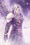  1boy armor belt black_feathers black_jacket elena_ivlyushkina feathers final_fantasy final_fantasy_vii final_fantasy_vii_remake gloves green_eyes highres jacket long_hair looking_at_viewer sephiroth single_wing smile solo wings 