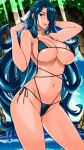  1girl absurdres azuma_fubuki bikini black_hair braid breasts covered_nipples hair_over_one_eye hanzaki_jirou highres in_water large_breasts lips long_hair mato_seihei_no_slave navel parted_lips solo stomach swimsuit thighs water waterfall wet 