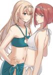  2girls akagi_kurage ark_royal_(kancolle) bangs bikini blonde_hair blue_eyes blunt_bangs bob_cut cowboy_shot green_bikini green_sarong hairband halter_top halterneck highres inverted_bob kantai_collection long_hair multiple_girls red_hair sarong short_hair side-tie_bikini simple_background standing swimsuit tiara victorious_(kancolle) white_background white_bikini 