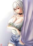  1girl alternate_costume artist_name azur_lane bangs black_choker blue_shorts blush breasts casual choister choker cleavage collarbone feet_out_of_frame gucci highres large_breasts looking_at_viewer open_mouth red_eyes shirt short_hair shorts simple_background sirius_(azur_lane) solo standing white_hair white_shirt 