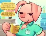  2022 anthro beverage breasts cleavage clothed clothing coffee dialogue domestic_pig english_text female financial_domination lilmoonie mammal mug oinky_(lilmoonie) pink_body pink_skin smile solo suid suina sus_(pig) text unbuttoned_shirt 