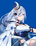  1girl bangs blue_background blue_hair breasts bronya_zaychik bronya_zaychik_(silverwing:_n-ex) bronya_zaychik_(silverwing:_n-ex)_(cosplay) chair cleavage company_connection cosplay crossover dress genshin_impact hair_ornament hair_over_one_eye highres honkai_(series) honkai_impact_3rd kitamiteo long_hair looking_at_viewer mihoyo_technology_(shanghai)_co._ltd. shenhe_(genshin_impact) simple_background sitting sleeveless sleeveless_dress solo white_dress 