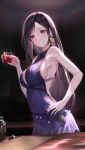  1girl absurdres alcohol armpit_crease asymmetrical_bangs bangs black_hair breasts cocktail_shaker crescent crescent_earrings cup dress earrings final_fantasy final_fantasy_vii final_fantasy_vii_remake hand_on_hip highres holding holding_cup jewelry large_breasts light_smile long_hair looking_at_viewer official_alternate_costume purple_dress red_eyes sideboob sleeveless sleeveless_dress solo tifa_lockhart tifa_lockhart&#039;s_refined_dress tooku0 