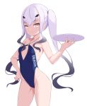  1girl black_hair blue_swimsuit breasts closed_mouth fairy_knight_lancelot_(fate) fate/grand_order fate_(series) gradient_hair highres holding jilu long_hair looking_at_viewer multicolored_hair o-ring o-ring_swimsuit one-piece_swimsuit simple_background small_breasts smile solo swimsuit thick_eyebrows twintails white_background white_hair yellow_eyes 