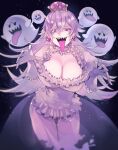  1girl bangs breasts crown elbow_gloves eyebrows_behind_hair ghost gloves grey_hair hair_between_eyes highres large_breasts long_hair looking_at_viewer mario_(series) oguanf open_mouth princess_king_boo purple_eyes skirt smile solo teeth tongue tongue_out white_gloves 