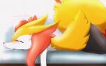  ambiguous_gender anthro braixen canid canine eiroru eyes_closed fox hi_res inner_ear_fluff lying mammal nintendo on_front pok&eacute;mon pok&eacute;mon_(species) simple_background solo tuft video_games 