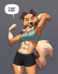  2022 5_fingers abs anthro arm_tuft breasts canid canine canis cheek_tuft chest_tuft claws clothed clothing collie digital_media_(artwork) domestic_dog elbow_tufts english_text eyes_closed facial_tuft female fingers fur herding_dog mammal merycollie_(merystic) merystic muscular muscular_anthro pastoral_dog pecs sheepdog simple_background smile solo speech_bubble standing text tuft 