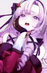  1girl absurdres bare_shoulders blush bow brown_gloves dress drill_hair gloves hair_bow hand_on_own_cheek hand_on_own_face highres hyakumantenbara_salome long_hair long_sleeves looking_at_viewer makeup mascara mile_(off8mile) nijisanji open_mouth purple_eyes purple_hair red_dress simple_background solo upper_body white_background 
