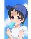  1girl bangs black_eyes black_hair blue_headwear blue_sky bunny_hair_ornament cloud cloudy_sky day de dot_nose eyes_visible_through_hair flat_chest food hair_ornament hairclip hand_up hat highres holding_ice_cream idolmaster idolmaster_cinderella_girls light_blush looking_at_viewer megabee_e outdoors popsicle sasaki_chie shirt short_hair short_twintails sky sleeveless sleeveless_shirt solo symbol-only_commentary twintails upper_body white_shirt 