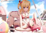  2girls ahoge akai_haato all_fours arm_support bangs beach beach_mat bikini blonde_hair blue_eyes blue_skirt bottle bow breast_press breasts cleavage closed_mouth cloud day green_eyes hair_between_eyes hair_bow hair_ornament halterneck heart heart_hair_ornament hololive innertube knees_up lens_flare long_hair looking_at_another looking_at_viewer lying medium_breasts multiple_girls nyan_(reinyan_007) on_back outdoors pink_hair pom_pom_(clothes) pom_pom_hair_ornament red_bikini red_bow sakura_miko side-tie_bikini skirt swimsuit symmetrical_docking very_long_hair virtual_youtuber x_hair_ornament 