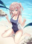  1girl :d bare_arms bare_shoulders barefoot beach black_swimsuit blue_eyes boku_to_kanojo_no_onani_life breasts brown_hair cleavage collarbone day double_v hair_ornament hairclip hands_up long_hair looking_at_viewer medium_breasts ocean one-piece_swimsuit one_side_up open_mouth outdoors sitting smile solo swimsuit thighs v wariza water wet yumehiko 