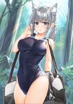  1girl :o animal_ear_fluff animal_ears arm_behind_back bag blue_archive blue_eyes blush breasts covered_navel ear_piercing forest grey_hair groin halo hand_up holding holding_bag kibanda_gohan large_breasts long_hair nature one-piece_swimsuit parted_lips piercing shiroko_(blue_archive) shiroko_(swimsuit)_(blue_archive) side_ponytail solo swimsuit thighs tree 
