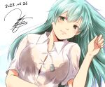  1girl black_bra blush bra breasts closed_mouth collared_shirt dated dog_tags green_eyes green_hair hair_between_eyes kantai_collection large_breasts long_hair see-through see-through_shirt shirt short_sleeves signature smile solo suzuya_(kancolle) underwear upper_body white_shirt yua_(checkmate) 