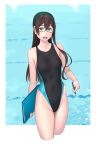 1girl alternate_costume aqua_eyes aqua_hairband bare_arms bare_legs bare_shoulders black_hair black_swimsuit blush collarbone competition_swimsuit cowboy_shot cropped_legs glasses groin hair_between_eyes hairband highleg highleg_swimsuit highres holding holding_pencil kantai_collection long_hair looking_at_viewer one-piece_swimsuit ooyodo_(kancolle) open_mouth pencil pool semi-rimless_eyewear solo swimsuit teeth under-rim_eyewear upper_teeth yuuji_(and) 